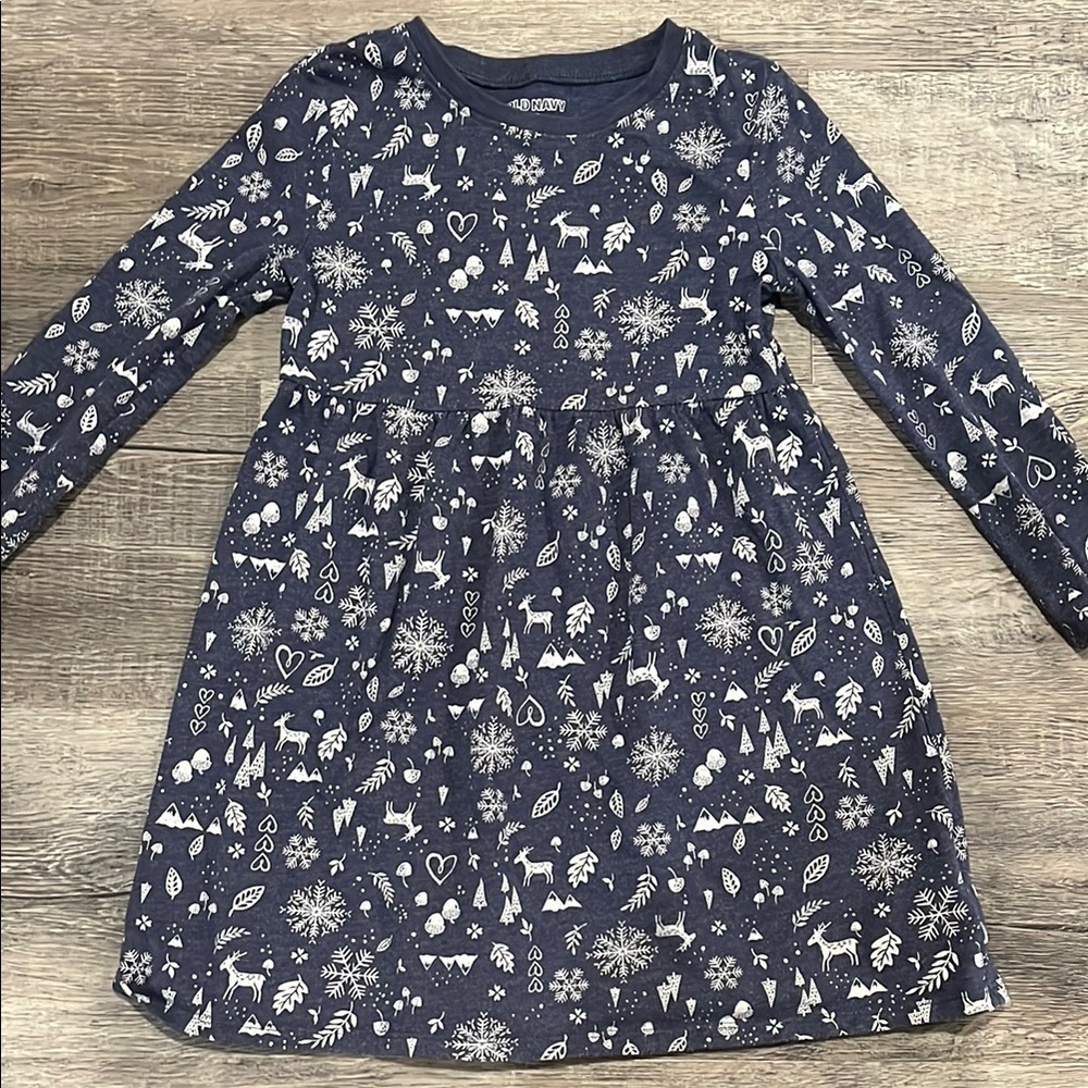 Navy Blue Kids Dress with White Pattern